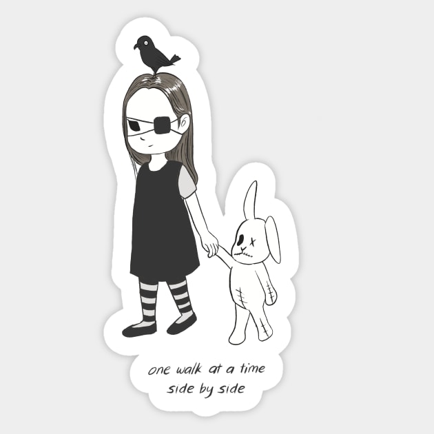 Odd friendship between a girl, rug bunny girl and a crow Sticker by cgcreation